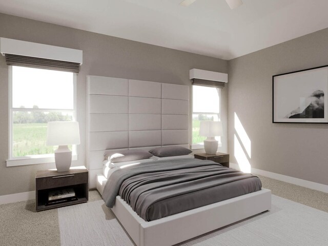 bedroom featuring carpet flooring, ceiling fan, and baseboards