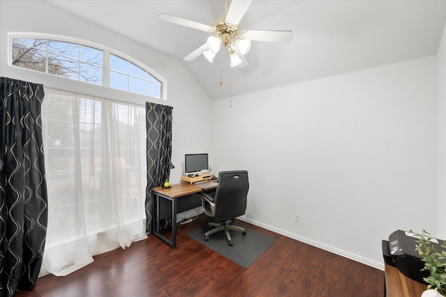 home office featuring ceiling fan, dark hardwood / wood-style floors, and lofted ceiling