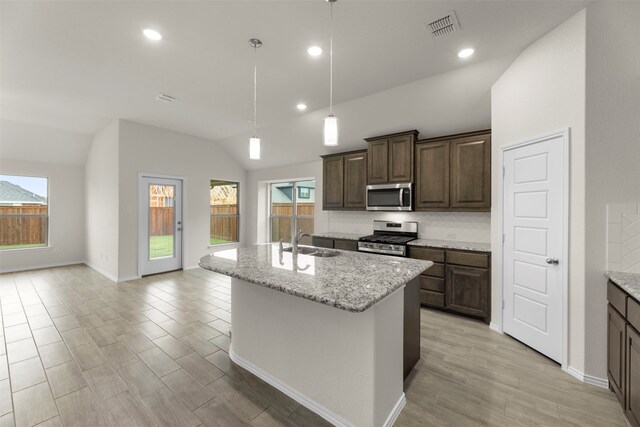 kitchen featuring a healthy amount of sunlight, lofted ceiling, stainless steel appliances, and a kitchen island with sink