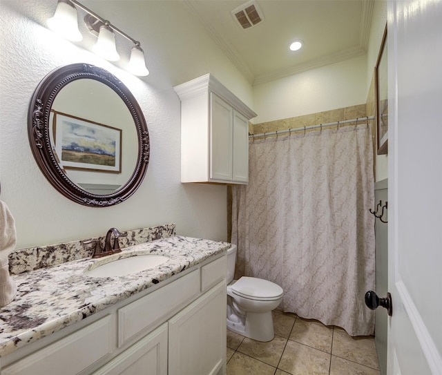 bathroom with toilet, tile patterned flooring, crown molding, vanity, and curtained shower