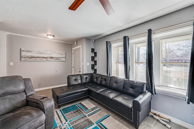 living room featuring a textured ceiling and crown molding