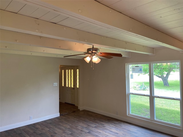 unfurnished room with ceiling fan, beamed ceiling, wooden ceiling, and hardwood / wood-style flooring