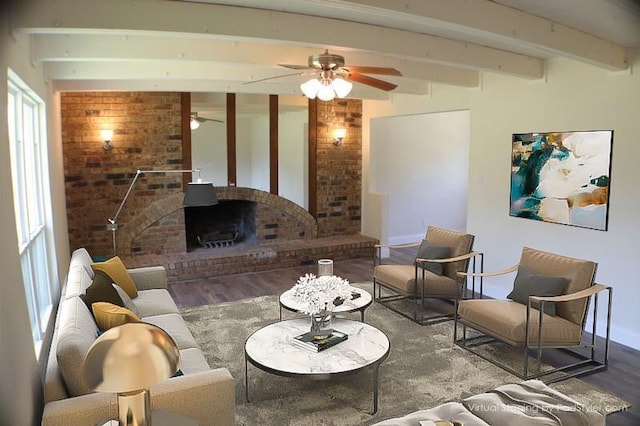 living room with beam ceiling and hardwood / wood-style floors