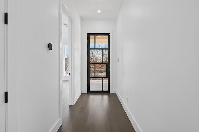 doorway with dark wood-type flooring