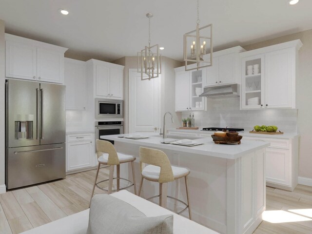 kitchen with decorative backsplash, a center island with sink, white cabinets, and stainless steel appliances