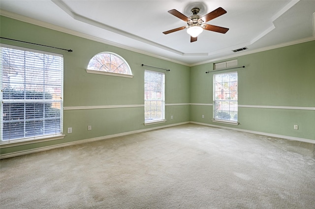 spare room featuring plenty of natural light, carpet floors, ornamental molding, and a tray ceiling