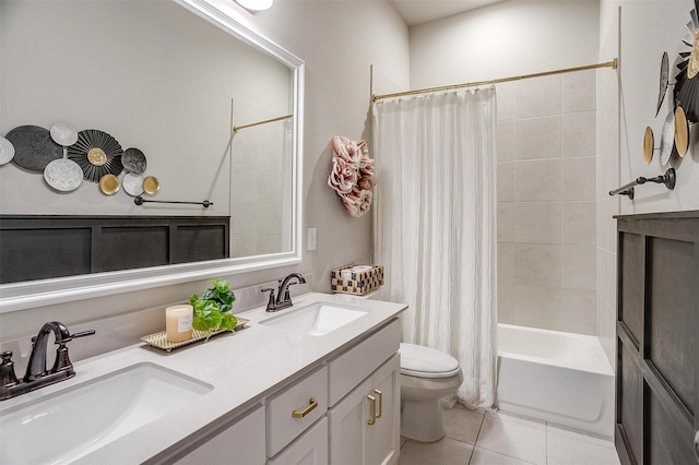 full bathroom with tile patterned floors, shower / bath combination with curtain, toilet, and vanity