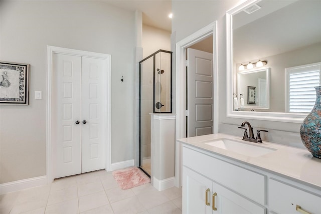 bathroom featuring tile patterned flooring, vanity, and an enclosed shower