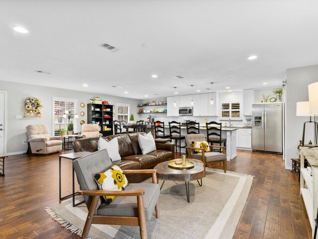 living room with sink and dark wood-type flooring