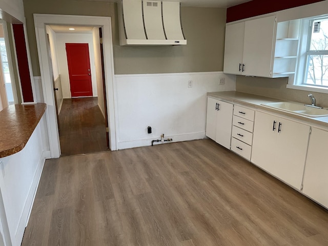 kitchen with white cabinets, light hardwood / wood-style floors, and sink