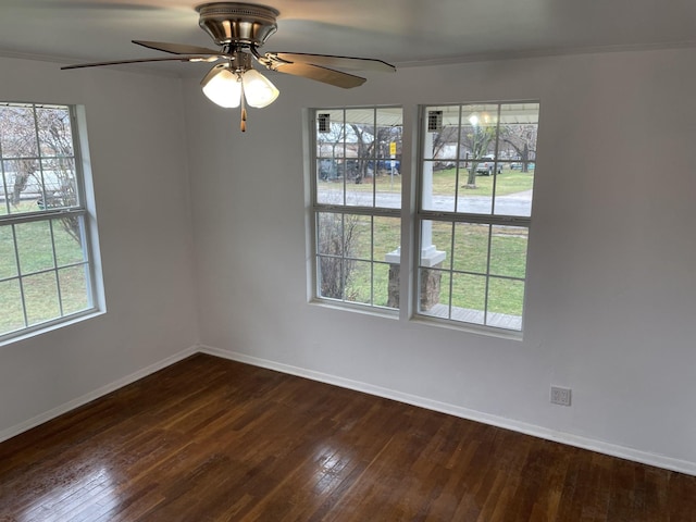 empty room featuring ceiling fan, crown molding, and dark hardwood / wood-style floors