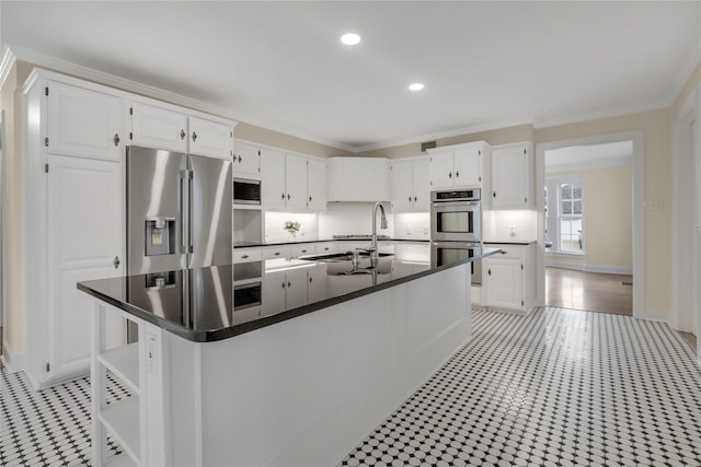 1102 Howell St, Mckinney, TX 75069 - kitchen with stainless steel appliances, white cabinetry, open shelves, crown molding, and recessed lighting