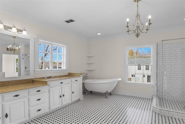 bathroom with a stall shower, visible vents, a chandelier, and ornamental molding