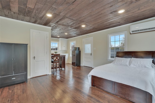 bedroom featuring a wall unit AC, wooden ceiling, multiple windows, and dark wood-style floors