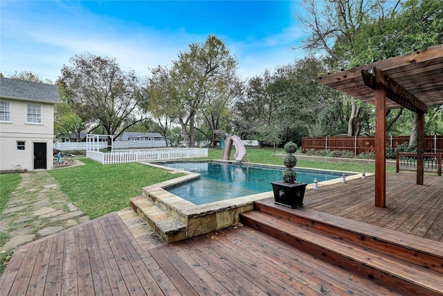 1102 Howell St, Mckinney, TX 75069 - view of swimming pool with a water slide, a wooden deck, and a pergola