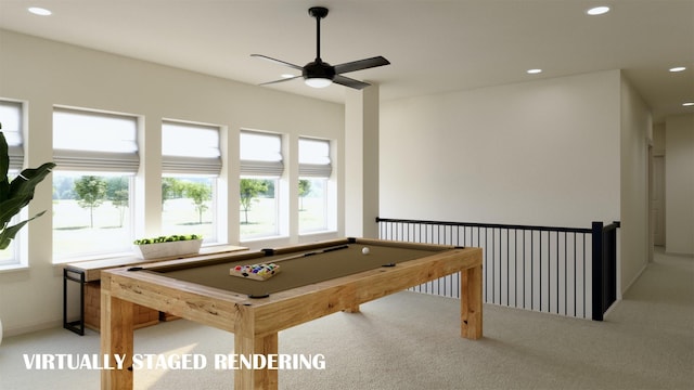 rec room featuring ceiling fan, billiards, and light carpet