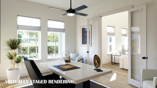 dining room featuring light hardwood / wood-style floors, french doors, and ceiling fan