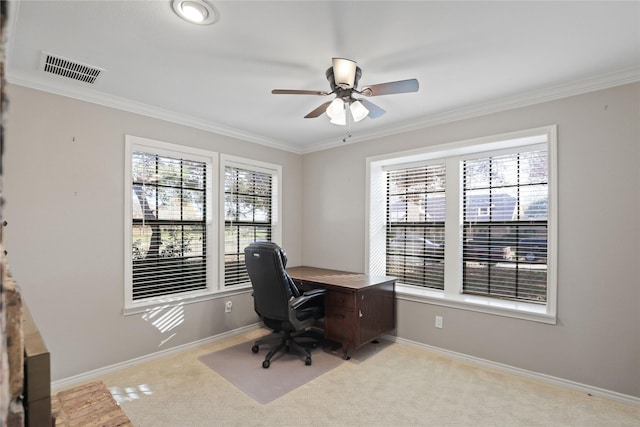 carpeted office with ceiling fan and crown molding