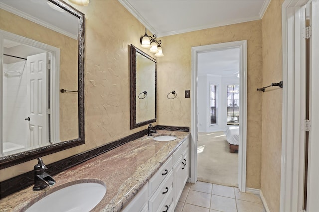 bathroom with vanity, tile patterned floors, and ornamental molding