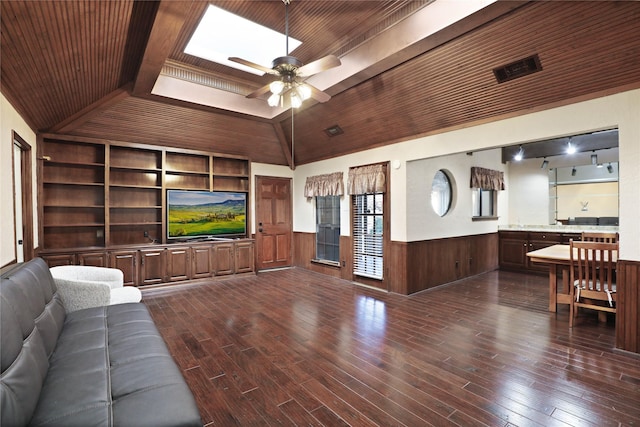 living room with ceiling fan, wood ceiling, dark wood-type flooring, and wooden walls