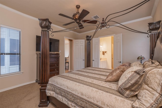 bedroom with ensuite bathroom, ceiling fan, carpet floors, and crown molding