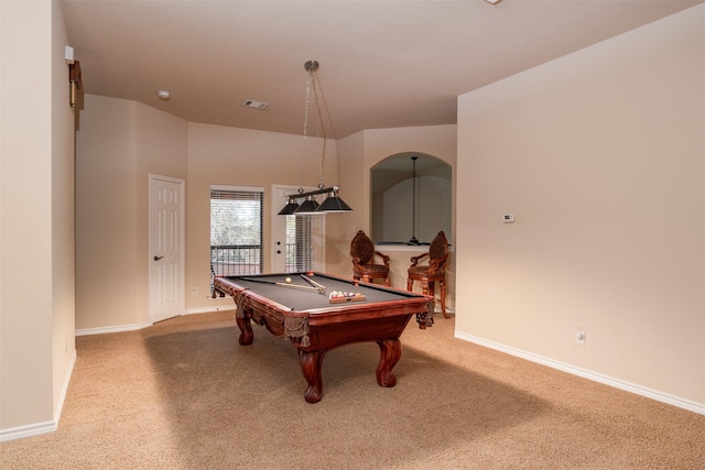 game room featuring carpet, billiards, and baseboards