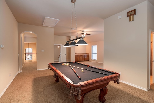 rec room with carpet, ceiling fan, and pool table