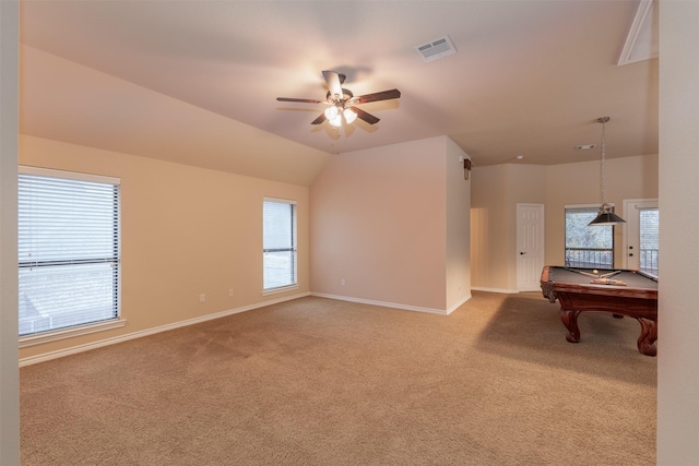 recreation room featuring carpet floors, vaulted ceiling, ceiling fan, and billiards