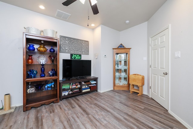 living room with ceiling fan and wood-type flooring