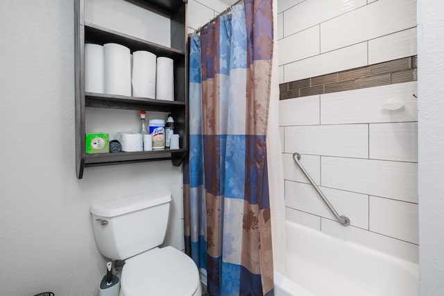 bathroom with toilet and shower / bathtub combination with curtain