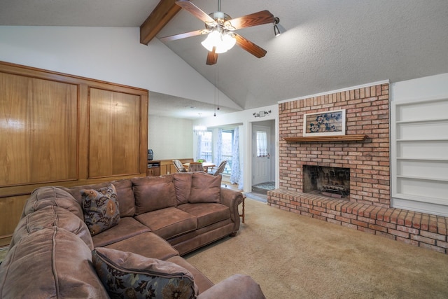 carpeted living room featuring lofted ceiling with beams, ceiling fan, a textured ceiling, and a fireplace