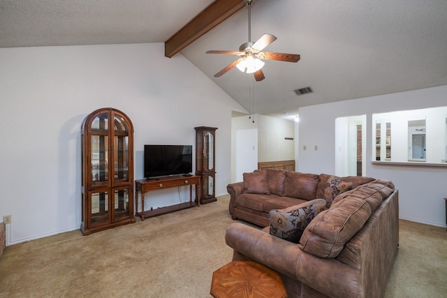 carpeted living room featuring ceiling fan, beamed ceiling, a textured ceiling, and high vaulted ceiling