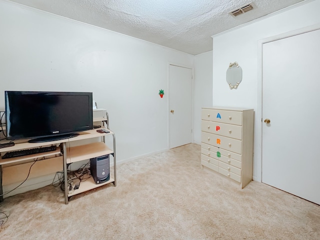 office space featuring light colored carpet and a textured ceiling