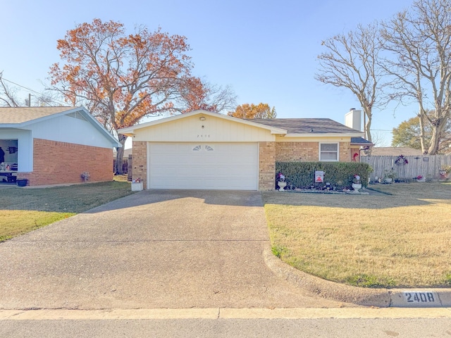 ranch-style house with a garage and a front lawn