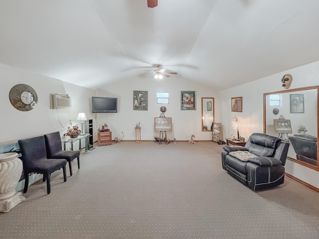 living room with ceiling fan, carpet flooring, vaulted ceiling, and an AC wall unit