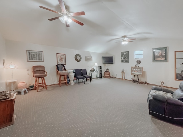 carpeted living room featuring ceiling fan, a wall mounted AC, and vaulted ceiling