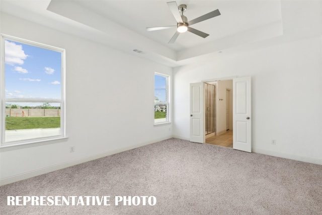 unfurnished bedroom featuring a tray ceiling, multiple windows, and light colored carpet