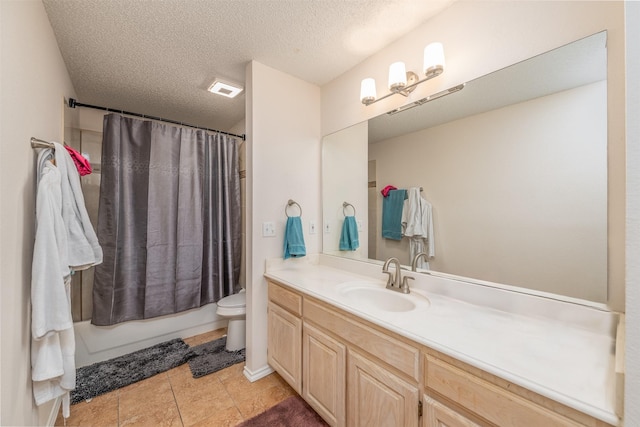 full bathroom with vanity, shower / bathtub combination with curtain, a textured ceiling, and toilet