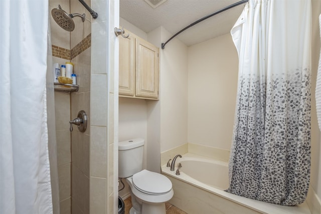 bathroom with separate shower and tub, toilet, and a textured ceiling