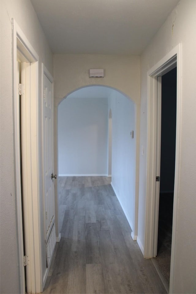 corridor with dark hardwood / wood-style flooring