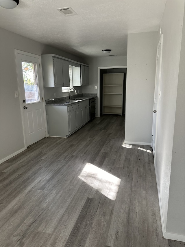 kitchen with a textured ceiling, gray cabinets, dark hardwood / wood-style flooring, and sink