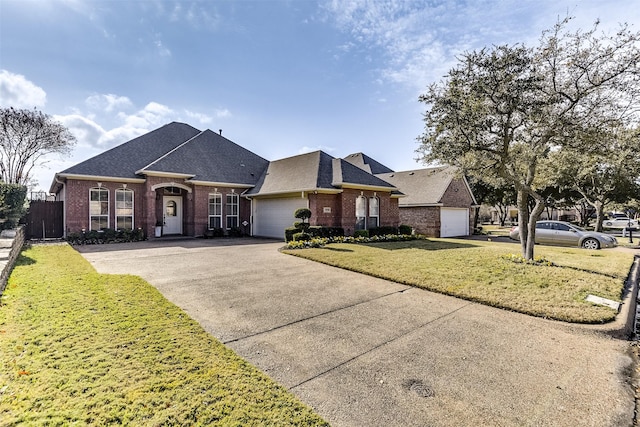 view of front of home with brick siding, a shingled roof, an attached garage, a front yard, and driveway