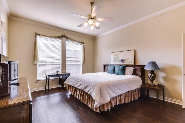 bedroom featuring crown molding, dark wood finished floors, baseboards, and ceiling fan