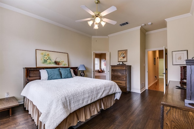 bedroom with dark wood-type flooring, ornamental molding, and ceiling fan