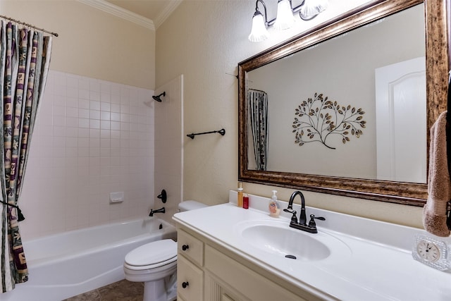 full bath with ornamental molding, vanity, toilet, and shower / bath combo with shower curtain