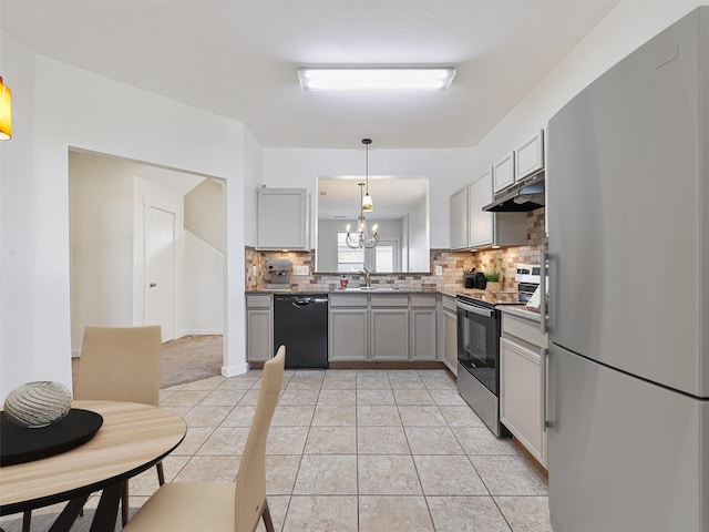 kitchen with gray cabinets, black dishwasher, stainless steel range with electric stovetop, hanging light fixtures, and white fridge