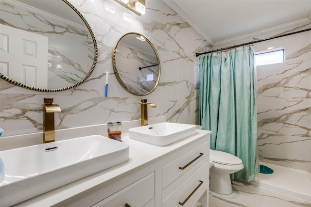 bathroom with a shower with curtain, crown molding, toilet, vanity, and tile walls