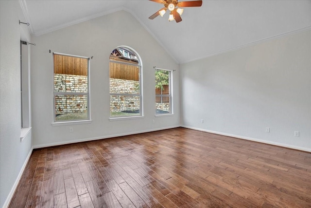 unfurnished room with wood-type flooring, high vaulted ceiling, ceiling fan, and crown molding