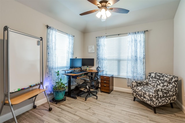 office space with ceiling fan, light hardwood / wood-style floors, and a healthy amount of sunlight