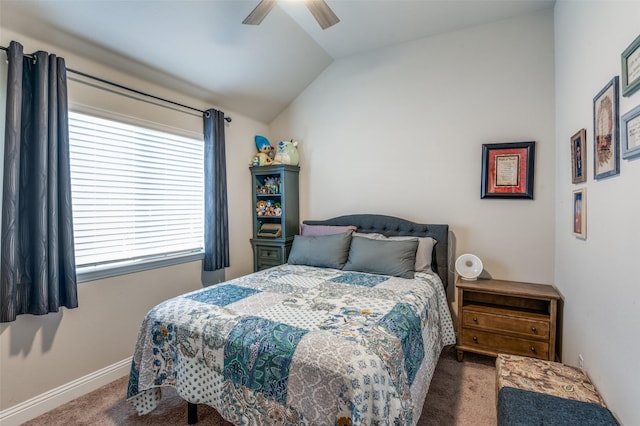 bedroom with lofted ceiling, carpet, and ceiling fan